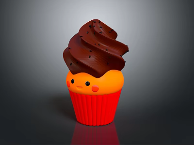 Cute Cartoon Cupcake with Red Wrapper Orange Cake Chocolate Frosting and Smiley Face 3d model