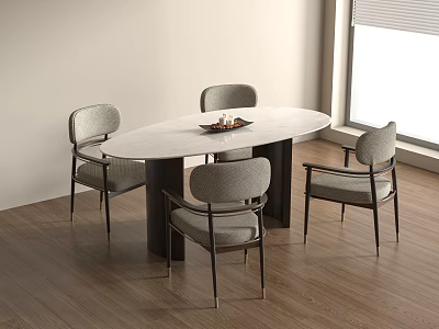 Modern Dining Table Set With Oval Light Colored Tabletop Black Legs And Four Gray Chairs 3d model