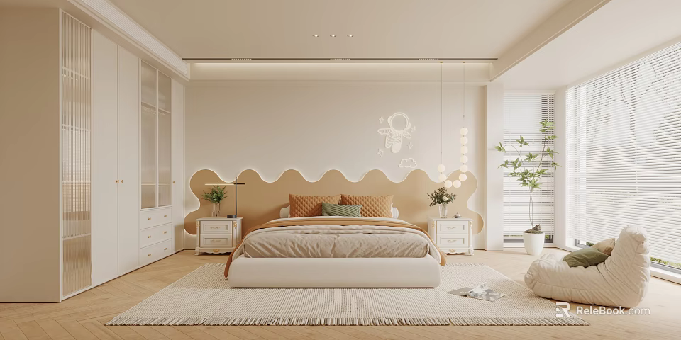 Modern Beige Bedroom With Wave Shaped Headboard Pendant Lights Green Plants Rug And White Wardrobes 3d model 