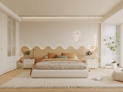 Modern Beige Bedroom With Wave Shaped Headboard Pendant Lights Green Plants Rug And White Wardrobes 3d model