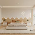Modern Beige Bedroom With Wave Shaped Headboard Pendant Lights Green Plants Rug And White Wardrobes