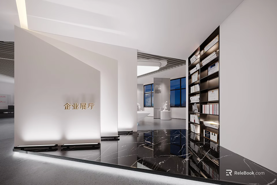 Modern Corporate Exhibition Hall With White Walls Black Marble Floor And Display Shelves 3d model 