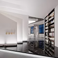 Modern Corporate Exhibition Hall With White Walls Black Marble Floor And Display Shelves