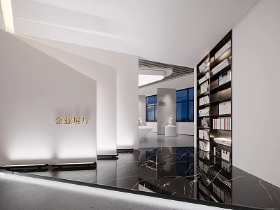 Modern Corporate Exhibition Hall With White Walls Black Marble Floor And Display Shelves 3d model