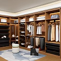 Modern Walk in Closet Interior With Wooden Cabinets Hanging Clothes Folded Garments Shoes And Bags