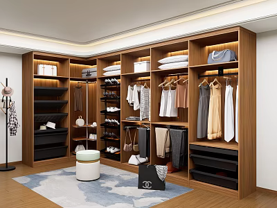Modern Walk in Closet Interior With Wooden Cabinets Hanging Clothes Folded Garments Shoes And Bags 3d model