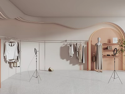 Modern Public Office Space With Light Walls Curved Design Clothing Rack Mannequin And Ring Lights 3d model