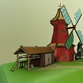 Cartoon Scene Featuring Red Windmill Blue Blades Wooden House Brown Roof Green Grass And Trees