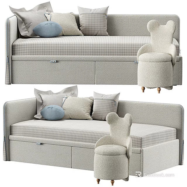Cozy Sofa With Storage Drawers Plaid Fabric Pillows And Bear Shaped Chair 3d model 