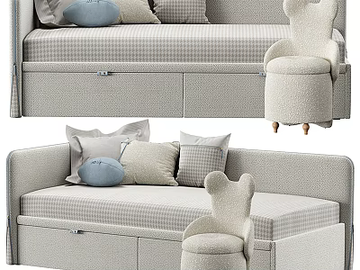 Cozy Sofa With Storage Drawers Plaid Fabric Pillows And Bear Shaped Chair 3d model