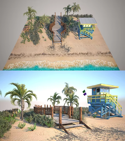 Tropical Beach Scenery With Palm Trees Lifeguard Tower Wooden Pathway And Blue Waves 3d model