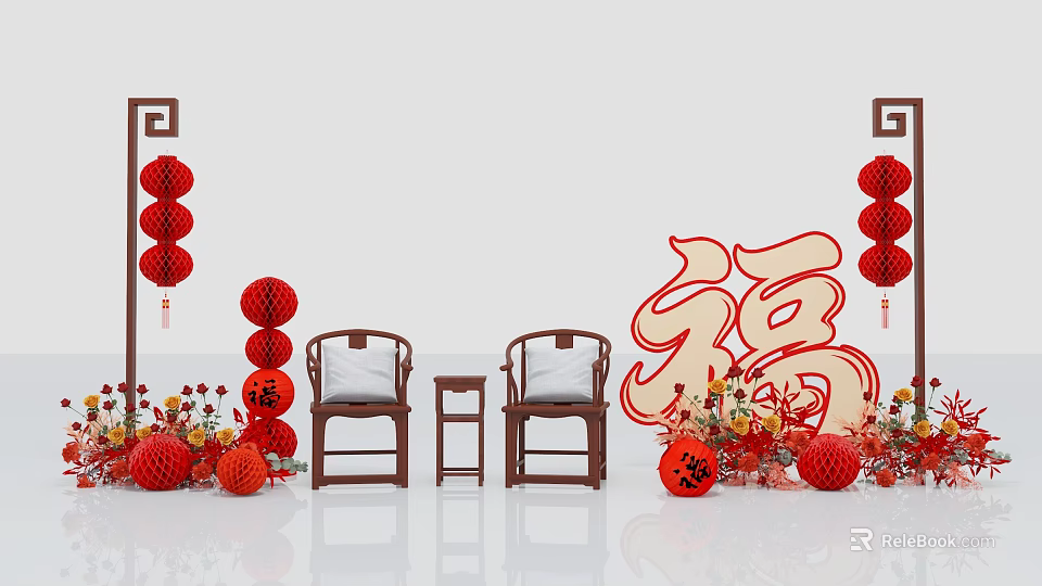 Traditional Chinese Photo Taking Spot With Red Lanterns Fu Character Wooden Chairs And Decorative Flowers 3d model 