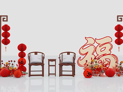 Traditional Chinese Photo Taking Spot With Red Lanterns Fu Character Wooden Chairs And Decorative Flowers 3d model