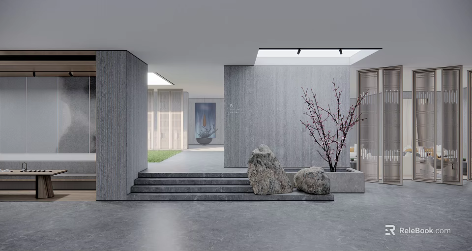 Modern Minimalist Leisure Area Interior With Gray Tones Stone Decorations And Plum Blossom Tree 3d model 
