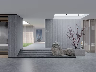 Modern Minimalist Leisure Area Interior With Gray Tones Stone Decorations And Plum Blossom Tree 3d model