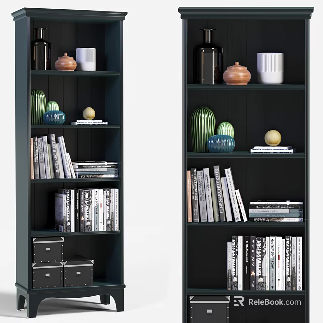 Dark Bookcase With Books Decorative Vases Jars Spheres And Storage Boxes On Shelves 3d model 