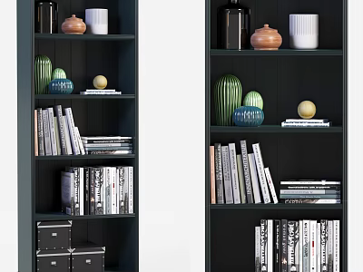 Dark Bookcase With Books Decorative Vases Jars Spheres And Storage Boxes On Shelves 3d model