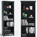 Dark Bookcase With Books Decorative Vases Jars Spheres And Storage Boxes On Shelves