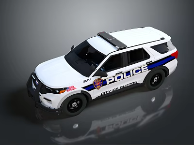 White Police Car With Blue Stripes Police Lights And City Logo 3d model