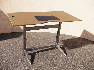 Adjustable Height Functional Desk With Wooden Top Metal Frame And Black Work Pad 3d model