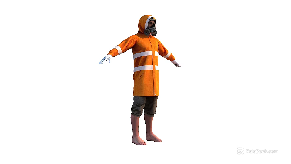 Game Movie Character In Orange Hooded Coat With Gas Mask And Reflective Stripes 3d model 