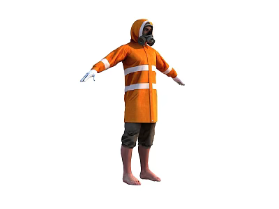 Game Movie Character In Orange Hooded Coat With Gas Mask And Reflective Stripes 3d model
