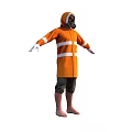 Game Movie Character In Orange Hooded Coat With Gas Mask And Reflective Stripes