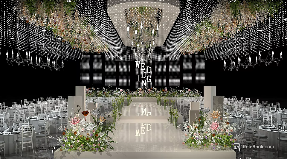 Wedding Banquet Hall with Floral Decorations Chandeliers Stage and Chairs 3d model 