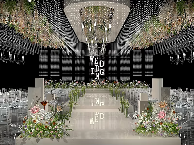 Wedding Banquet Hall with Floral Decorations Chandeliers Stage and Chairs 3d model