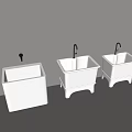 Three White Bathroom Sinks with Different Designs and Silver Faucets Against Gray Wall