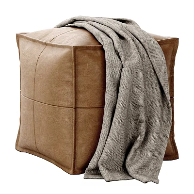 Elegant Brown Upholstered Ottoman With Cozy Gray Blanket For Living Room Decor 3d model