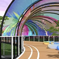 Colorful Arched Bridge with Transparent Material Wooden Walkway Blue Seats and Surrounding Trees