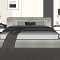 Modern Double Bed Interior With Soft Beige Headboard Pillows Gray Blanket And Striped Rug