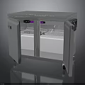 Stainless Steel Commercial Kitchen Appliance With Open Double Doors And Internal Shelves