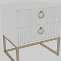 White Nightstand With Two Drawers Gold Ring Handles Vertical Striped Design And Gold Metal Frame