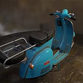 Vintage Blue Retro Scooter With Black Seat And Mountain Outdoor Background