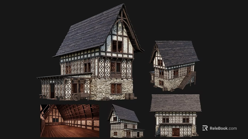 Ancient Building with Timber Frame Stone Walls Wooden Windows Sloped Roof and Interior Details 3d model 