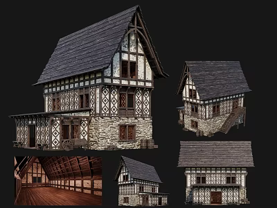 Ancient Building with Timber Frame Stone Walls Wooden Windows Sloped Roof and Interior Details 3d model