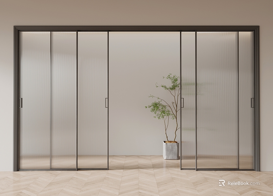 Modern Interior With Sliding Ribbed Glass Doors And Potted Plant 3d model 
