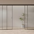 Modern Interior With Sliding Ribbed Glass Doors And Potted Plant