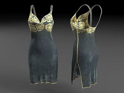 Dark Green Satin Dress with Golden Floral Patterns Spaghetti Straps and Side Slit 3d model