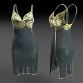 Dark Green Satin Dress with Golden Floral Patterns Spaghetti Straps and Side Slit