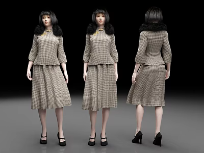 Women's Plaid Suit Fashion Display With Three Angles Fur Collar And Black High Heels 3d model
