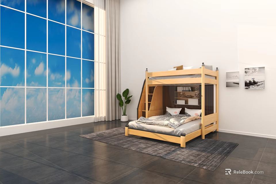Wooden Bunk Bed in Modern Interior with Large Window Potted Plant Rug and Wall Art 3d model 