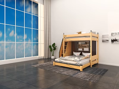 Wooden Bunk Bed in Modern Interior with Large Window Potted Plant Rug and Wall Art 3d model