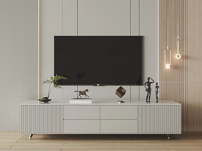 Modern TV Stand With Large Screen TV Decorative Sculptures Plant And Wall Lights 3d model