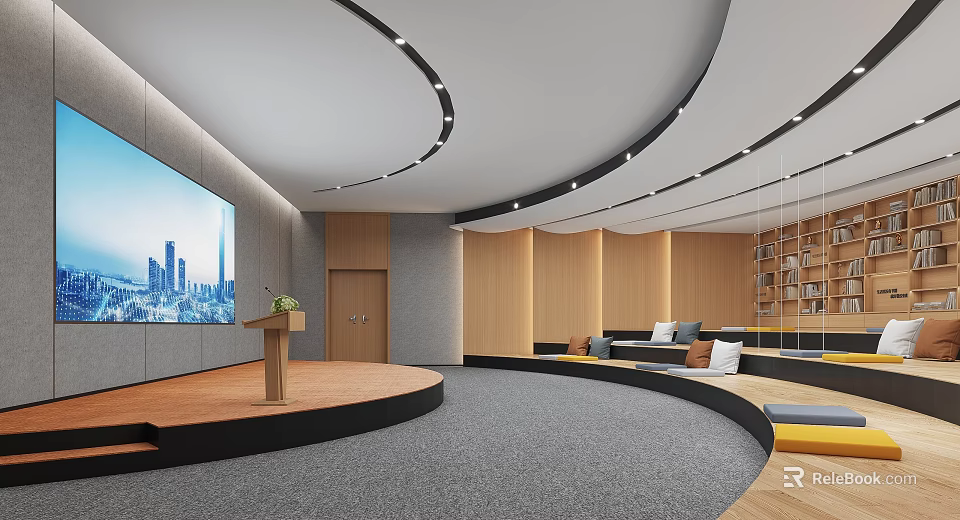 Modern Lounge Area Interior With Comfortable Sofa Large Screen TV Curved Lights And Bookshelves 3d model 