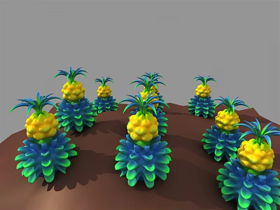 Cartoon Scene With Cheerful Yellow Pineapples And Green Blue Leaves On Brown Ground 3d model