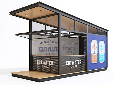 Modern CUTWATER SPIRITS Display Kiosk With Glass Front Wooden Base And Beverage Cans 3d model