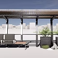 Modern Pergola Design With Wooden Slat Roof Bench Seating Planters Green Plants And Stone Accents